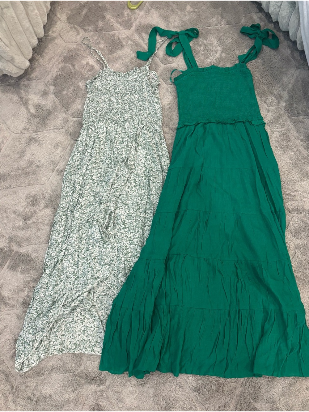 Emerald Green Tie-Shoulder Maxi & Pale Sage Floral Maxi